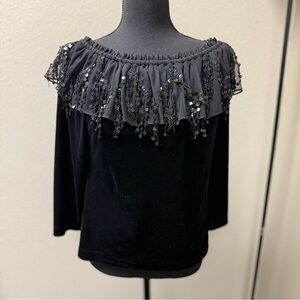 Cachet Velvet Elegant Black Off-Shoulder Top with Sequin Detail. Size Large